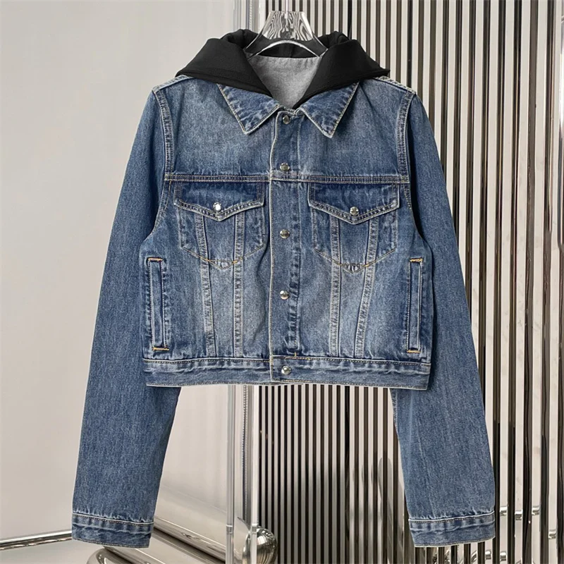 

Женская куртка, новинка зимы 2025, однобортная приталенная джинсовая куртка с капюшоном, женское пальто из смеси хлопка с цветными блоками, y2k