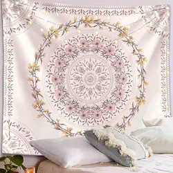 1 Pink Bohemian Tapestry Wall Hanging, Mandala Flower Medal Hippie Tapestry and Light Brown Aesthetic Wreath Design, Cream Wall Decorative Blanket, for Bedroom and Home Dormitory