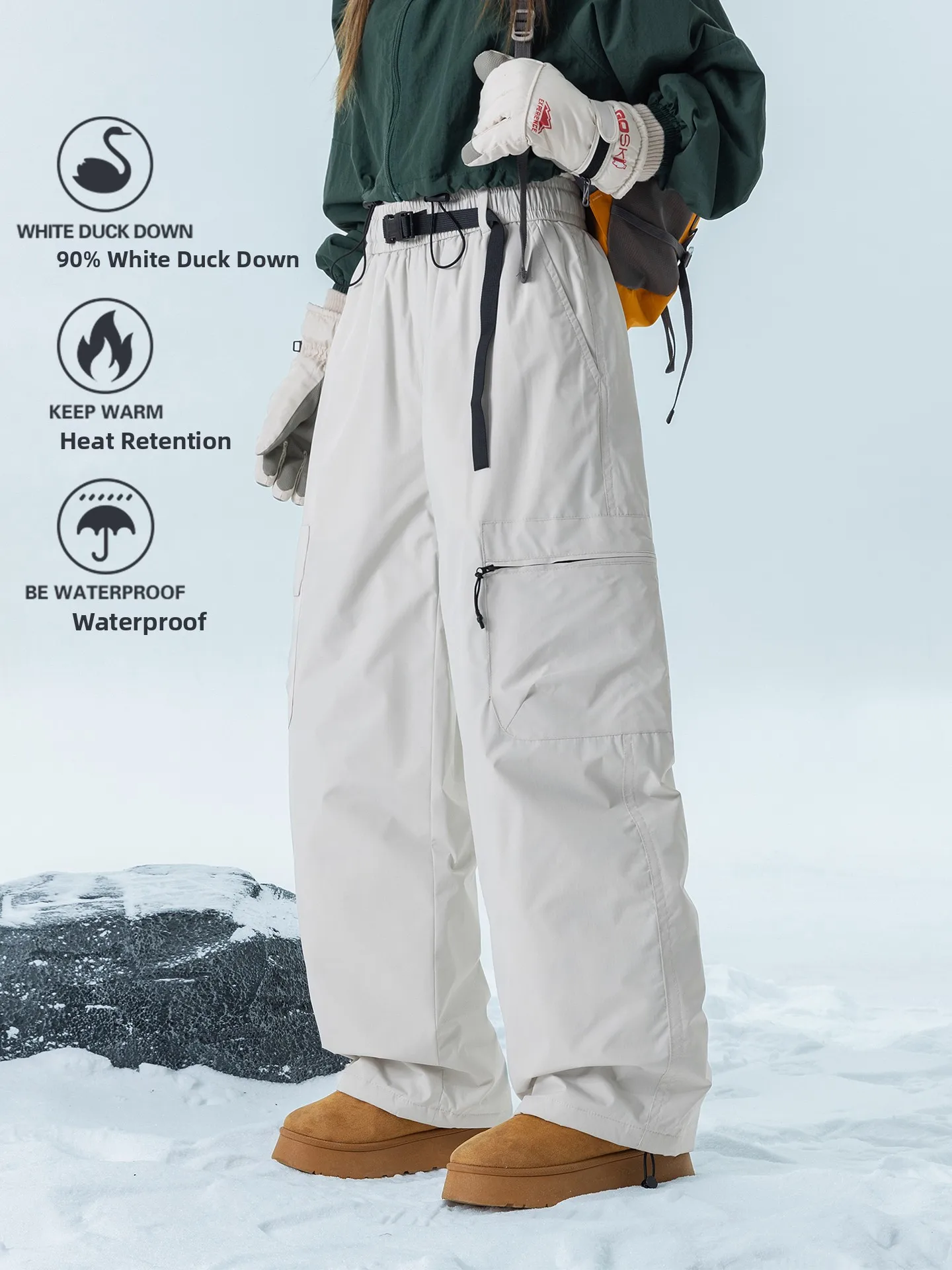 

ex Thiened down Snow Pants Winter Outdoor Windproof Waterproof Du down Trousers for Skiing And Workwear Casual Straig...