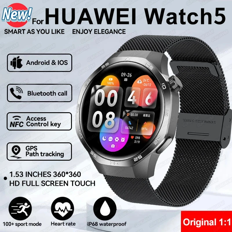 

2024 New For HUAWEI GPS Watch GT5 Smart Watch Men 1.53"AMOLED Screen NFC Compass Bluetooth call Heart rate Sports Smart Bracelet