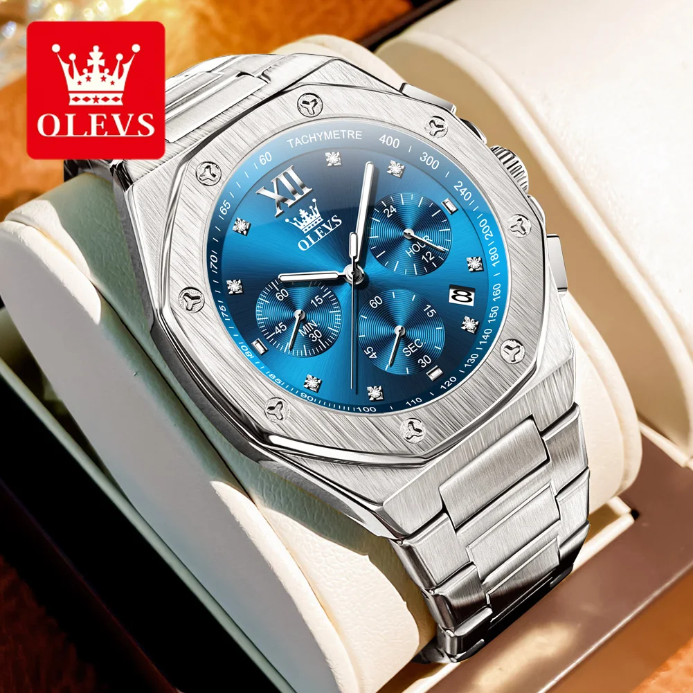 OLEVS Men\'s Watches Fashion Silver Blue Quartz Watch Man Waterproof Luminous Date Stainless Steel Wristwatch Male Reloj Hombre