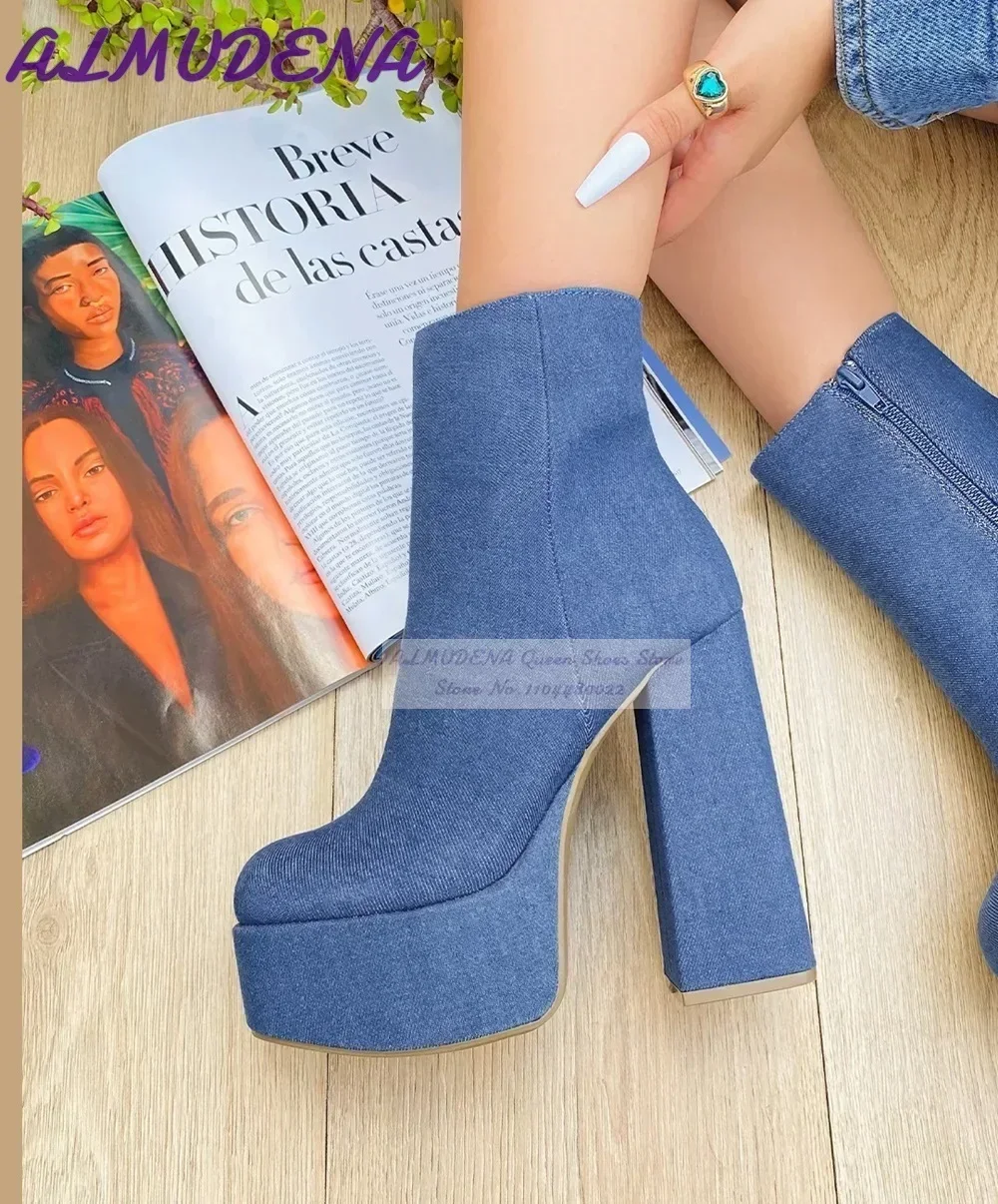 

ALMUDENA Blue Denim Block Heels Ankle Boots High Platform Jeans Zipped Short Booties Irregular Chunky Heel Dress Shoes Dropship
