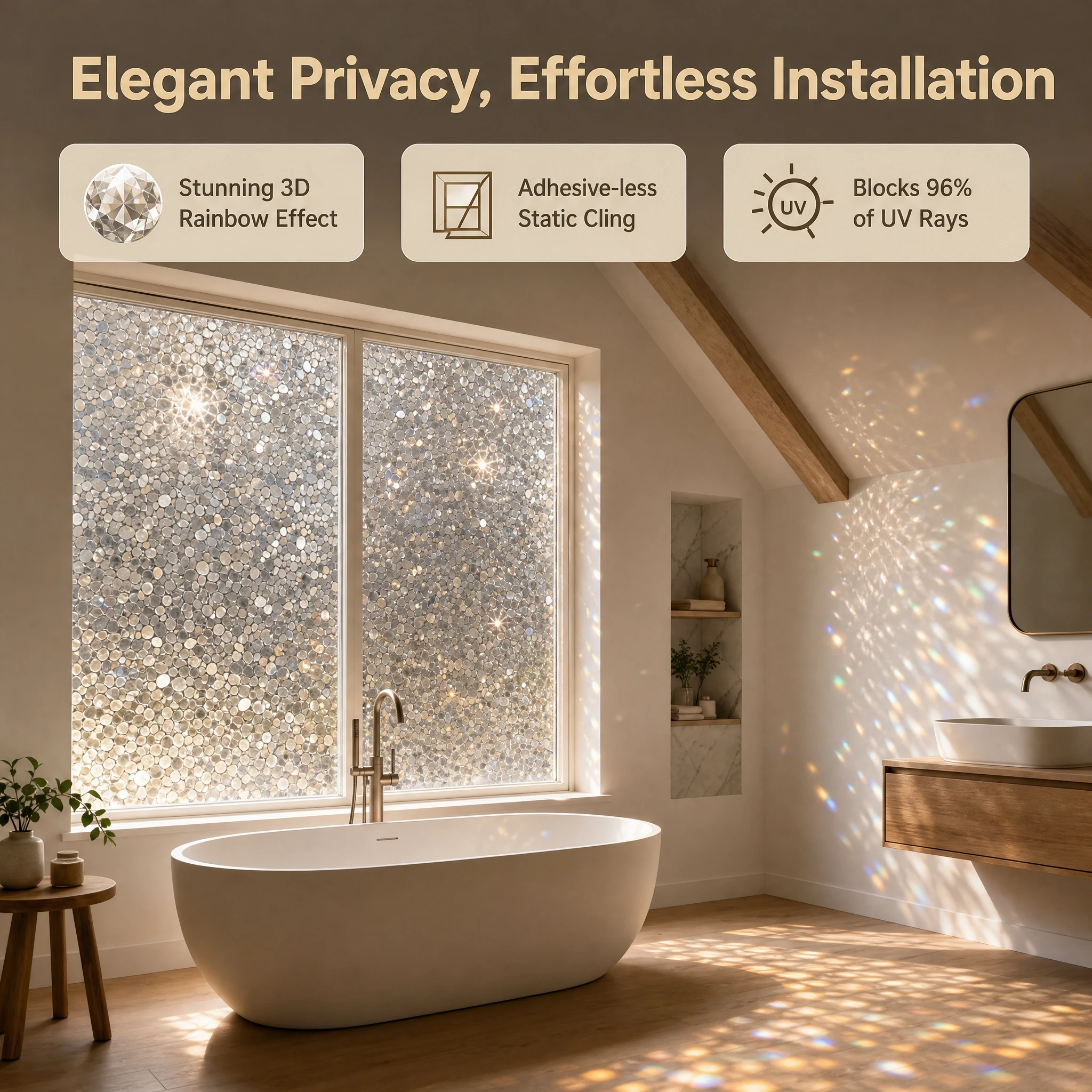 Laser Stone Pattern Privacy Window Film Static Cling No Glue Translucent Removable for Bathroom Floor to Ceiling Glass