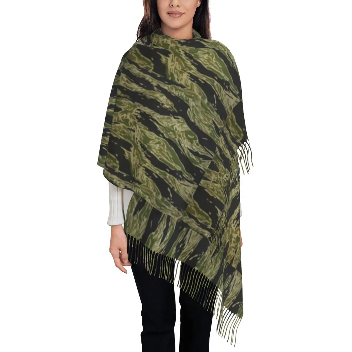 

Вьетнамский камуфляжный шарф для женщин, длинная зимняя теплая шаль с кисточками, унисекс, военные армейские тактические шарфы