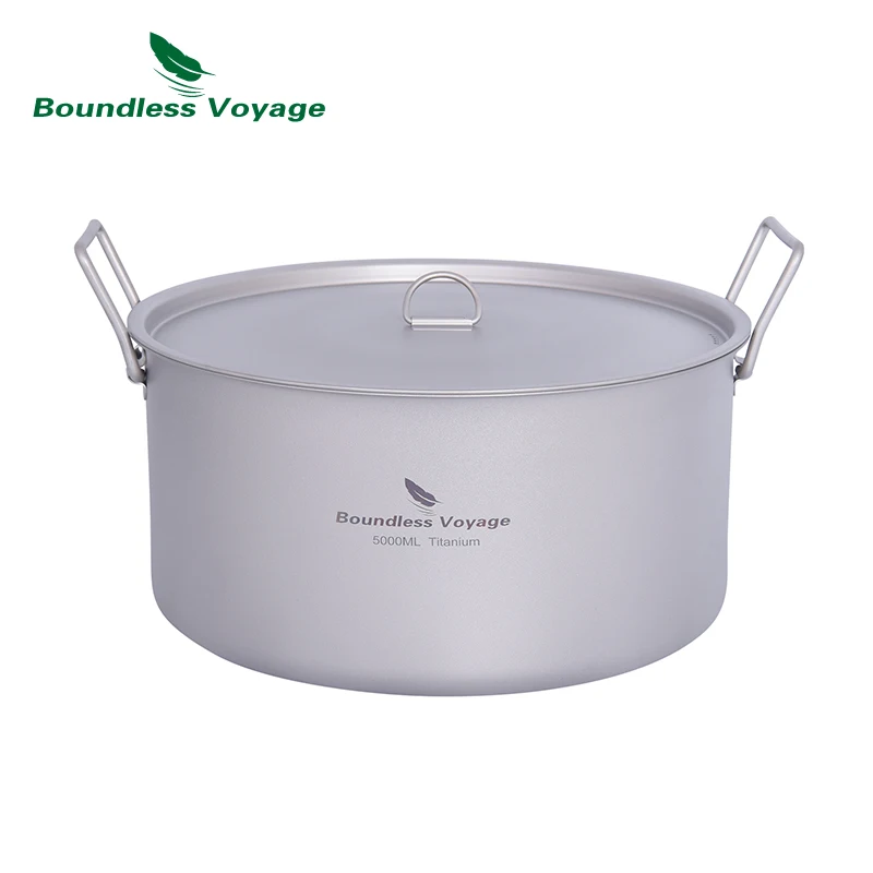 

Boundless Voyage 5L Outdoor Camping Pot Titanium Stockpot with Lid Folding Handle Hiking Picnic Portable Big Capacity Soup Pot