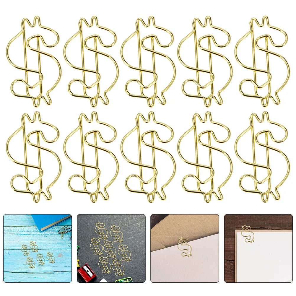 

10pcs Electroplated Gold Paper Clips Office Alloy Paperclips Dollar Design Decorative Binder Clips Book Page Markers