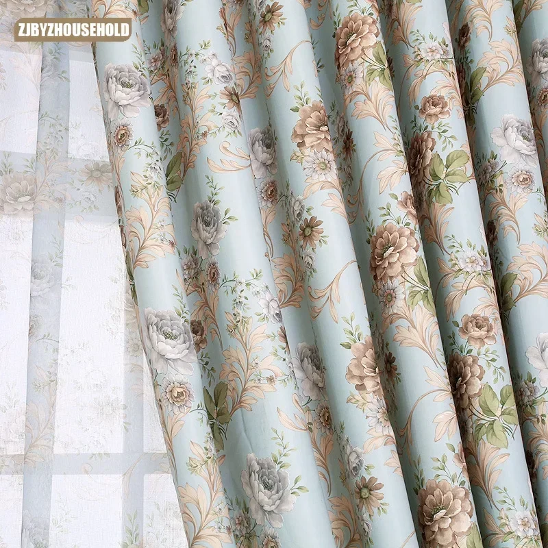 Flowers Jacquard American Pastoral Village Window Door Curtains for Living Room and Bedroom High Shading Rate Tulle Curtains