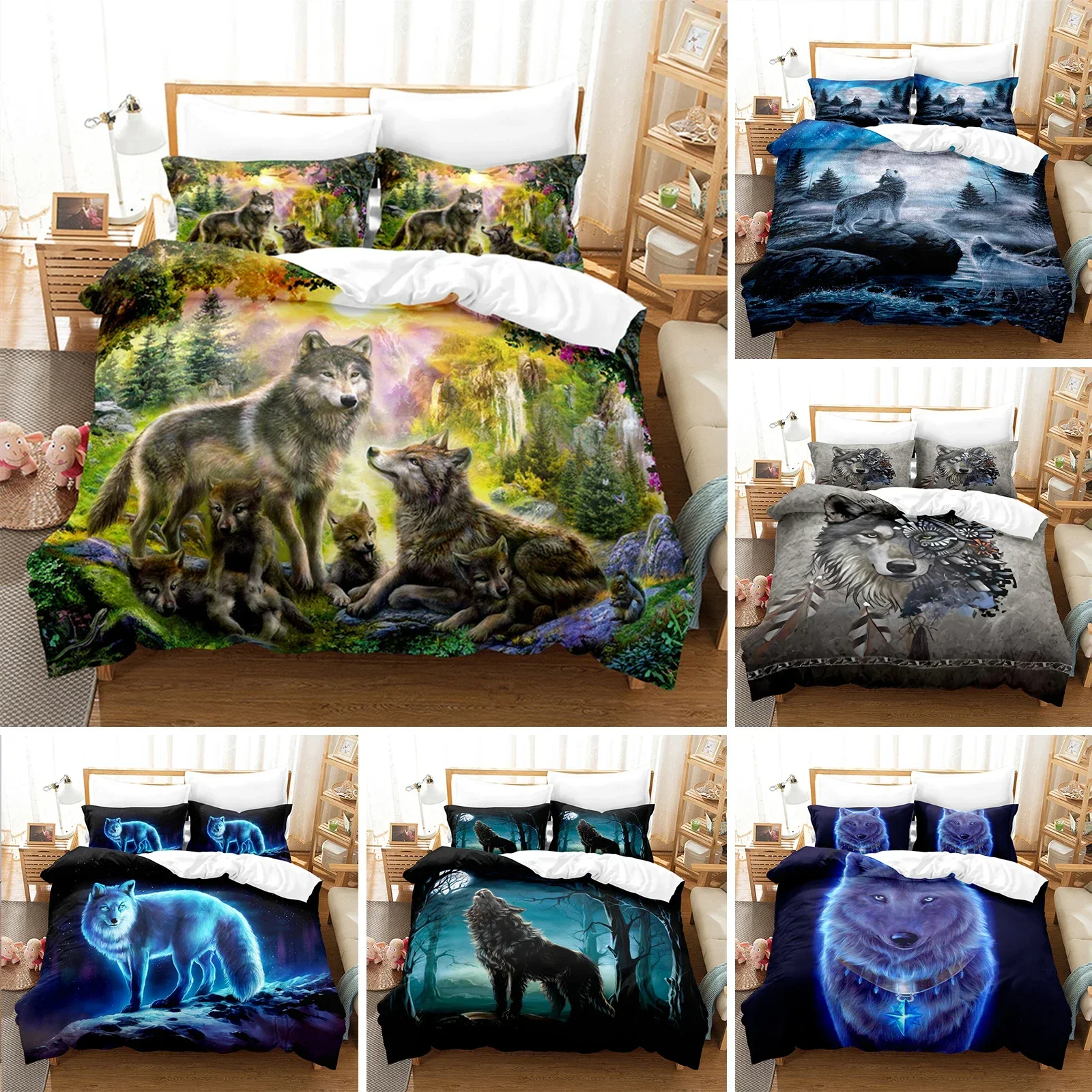 3D Wild Animal Duvet Cover Moon And Wolf Bedding Set Microfiber Galaxy Comforter Cover King Full For Kids Teens Boys Room Decor