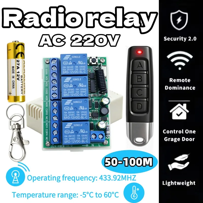 433MHz RF Remote Control Switch, AC 110/220V 4-Channel Dry Contact 10A Receiver, 500m Remote for Garage Door Motors & LED Lights