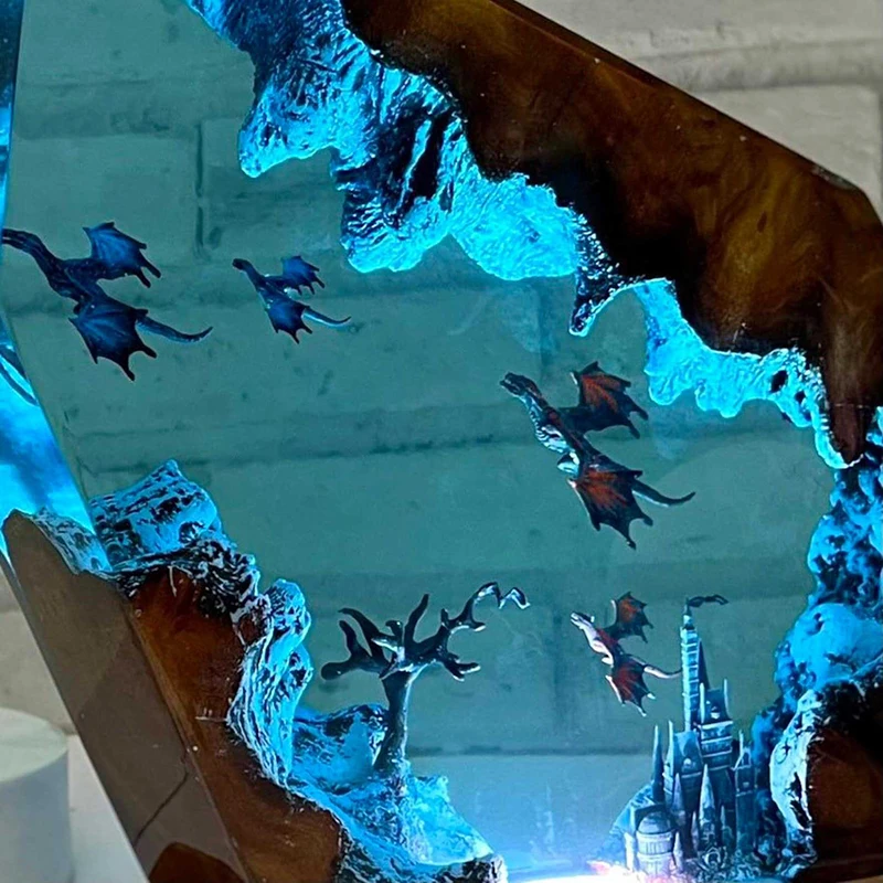 Dragon & Castle เรซินอินทรีย์ Creative Art Night Light Magic World Theme Craft ตกแต่งตารางโคมไฟ USB เปลี่ยน