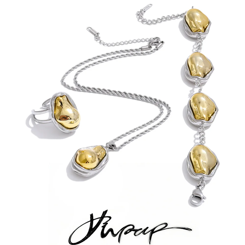 Yhpup New Arrival Design Yellow Baroque Simulated Pearls Bead Pendant Necklace Bracelet Ring Set Vintage Fashion Trendy Jewelry