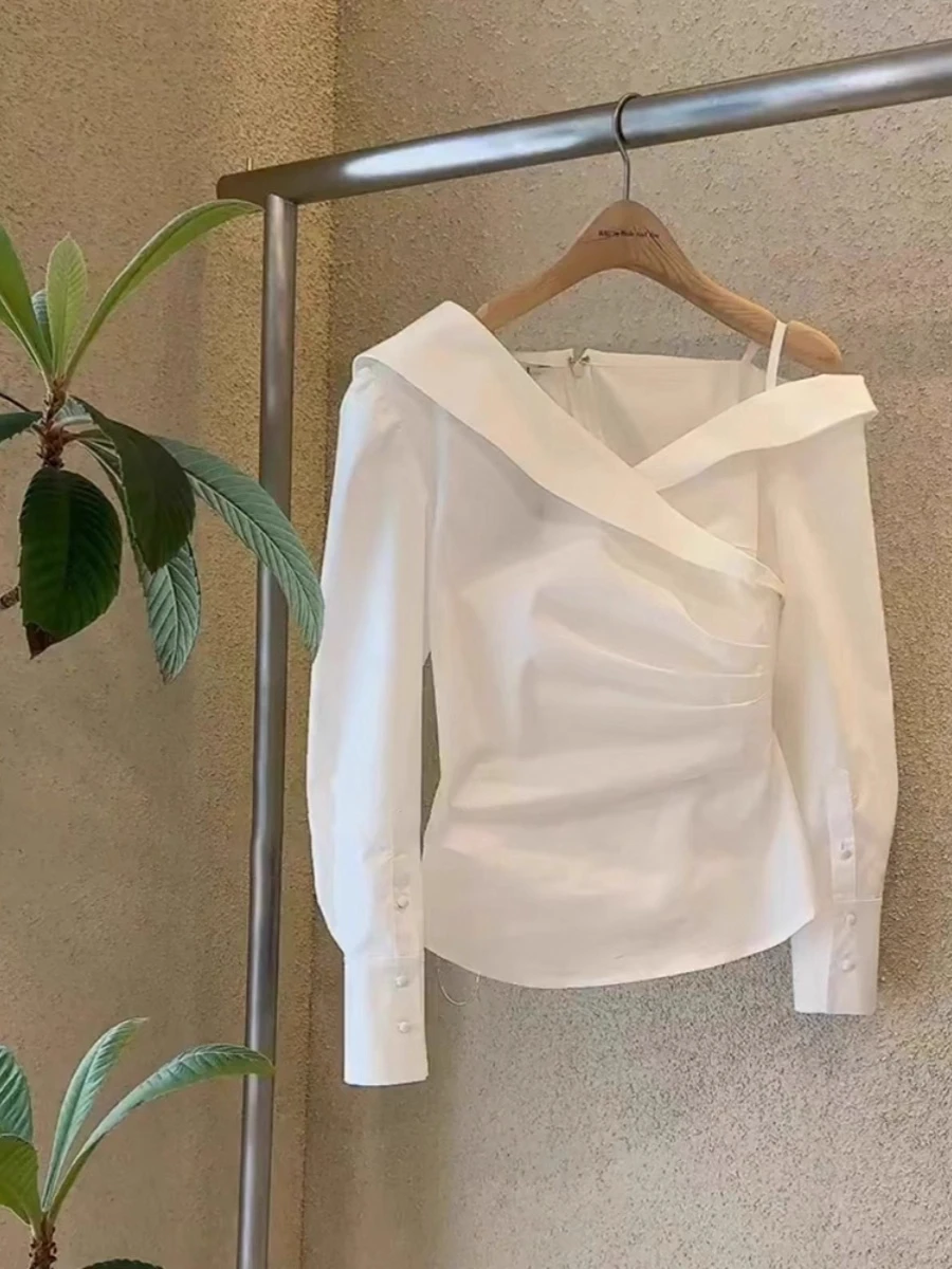 Loose Fit V-Neck White Shirt Women's Fashion Brand Button European Style Autumn Casual Top Slimming Shoulder Bared Asymmetrical