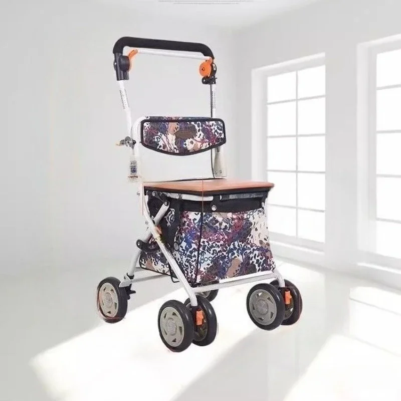 Foldable Senior Shopping Cart, 4-Wheel Walker with Seat, Portable Brake Handle Trolley, Lightweight Grocery Carrier