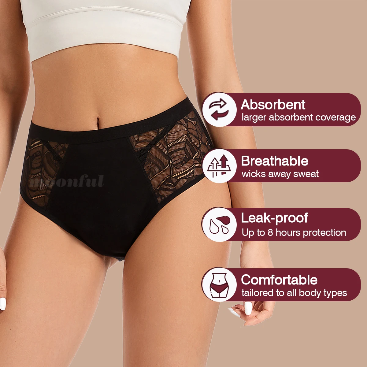 Moonful Women's Menstrual Panties High Waist Leak Proof 4 Layer Breathable Lace Period Underwear Girls Absorbent Brief