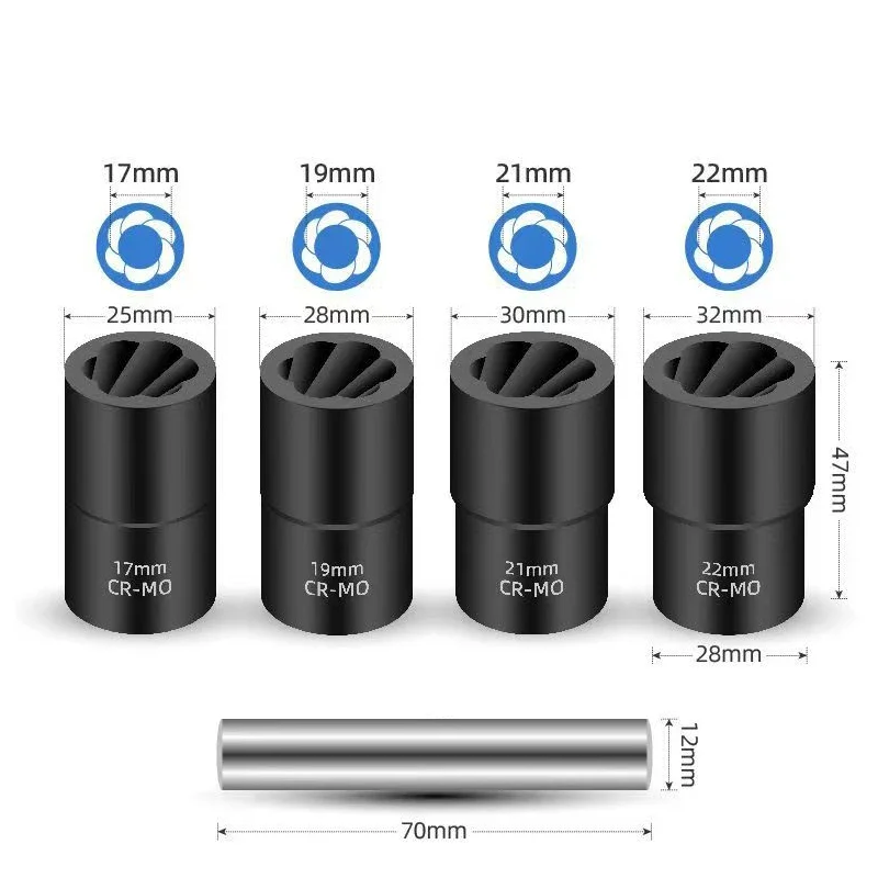 5-Piece Wheel Nut Removal Tool Set Damaged Bolt & Nut Extractor 17-22mm Screw Extractor Sockets for Automotive Repair