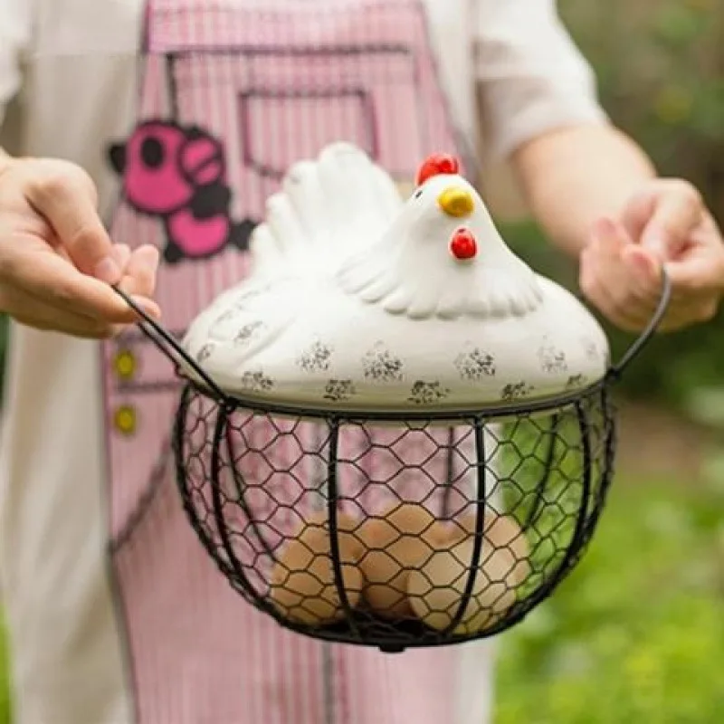 Ceramic Egg Basket Fruit  Sundries Blue Ceramic Kitchen Shelf Creative Storage Basket Wrought Iron Storage Basket Storage