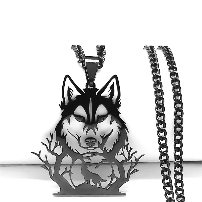 Goth Vollmond Wolf Kopf Anhänger Halskette Frauen Männer Schwarz Farbe Wald Baum Hohl Tier Halsketten Schmuck Party Geschenke N2032S03 – Detail 4