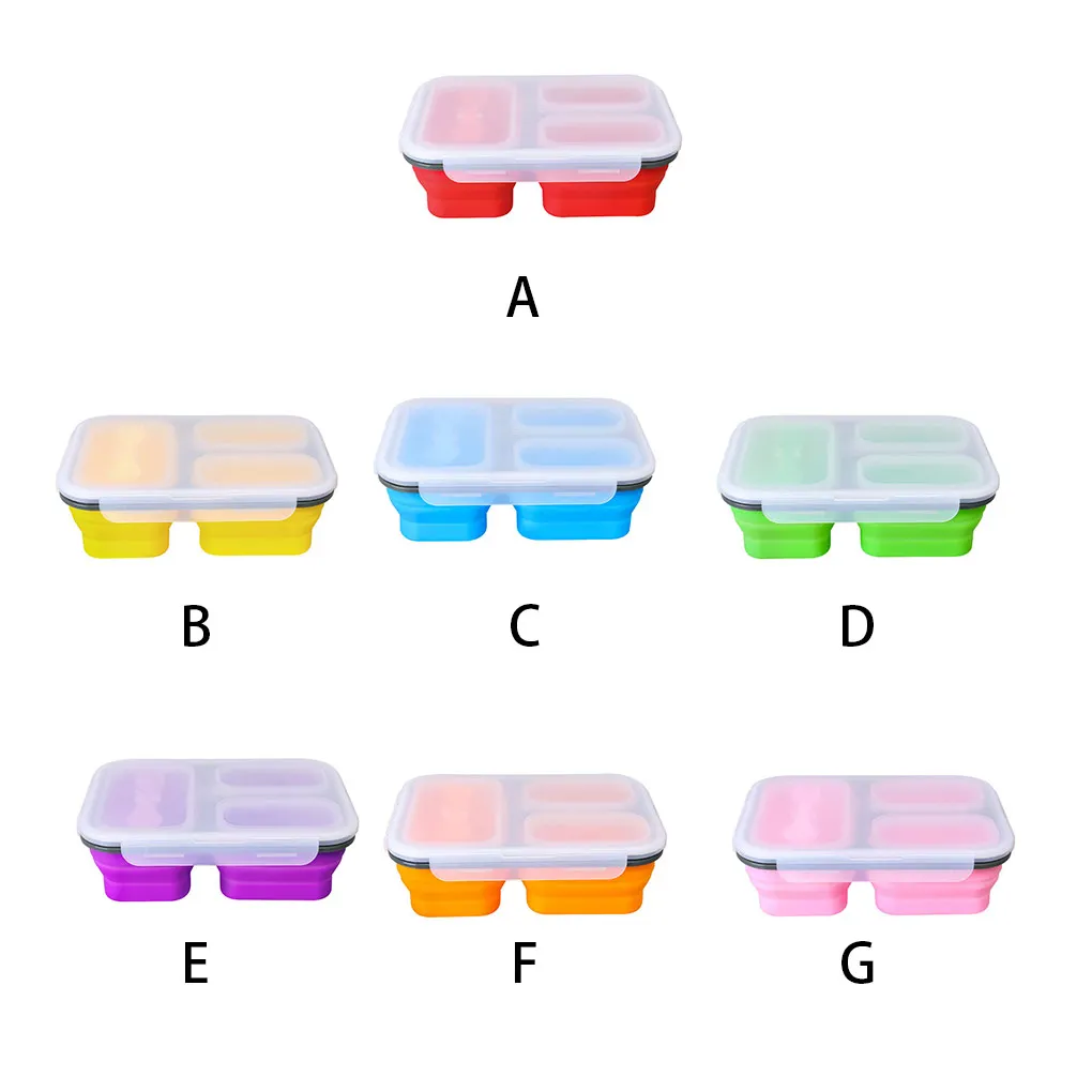 

Silicone Lunch Box 3 Compartments Folding Office School Picnic Food Fruits Storage Container Washable Lunchbox Adults Blue