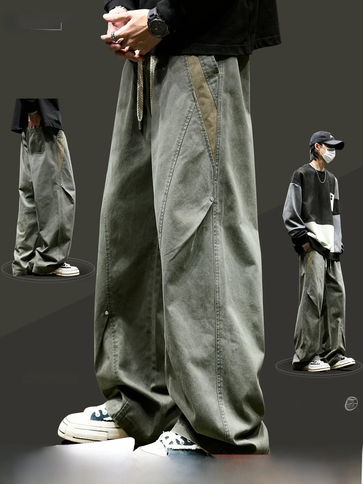 

Men's Fce Lined Thiened Cotton Work Trousers Straight Leg Knife American Splicing Casual Loose Paratrooper Pants