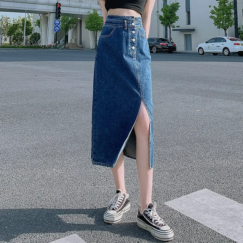 

Pop Denim Skirt Women's High-Waisted Bodycon Style Loose Fit Vintage Straight Leg Medium-Length Half Skirt With Multiple Buckles