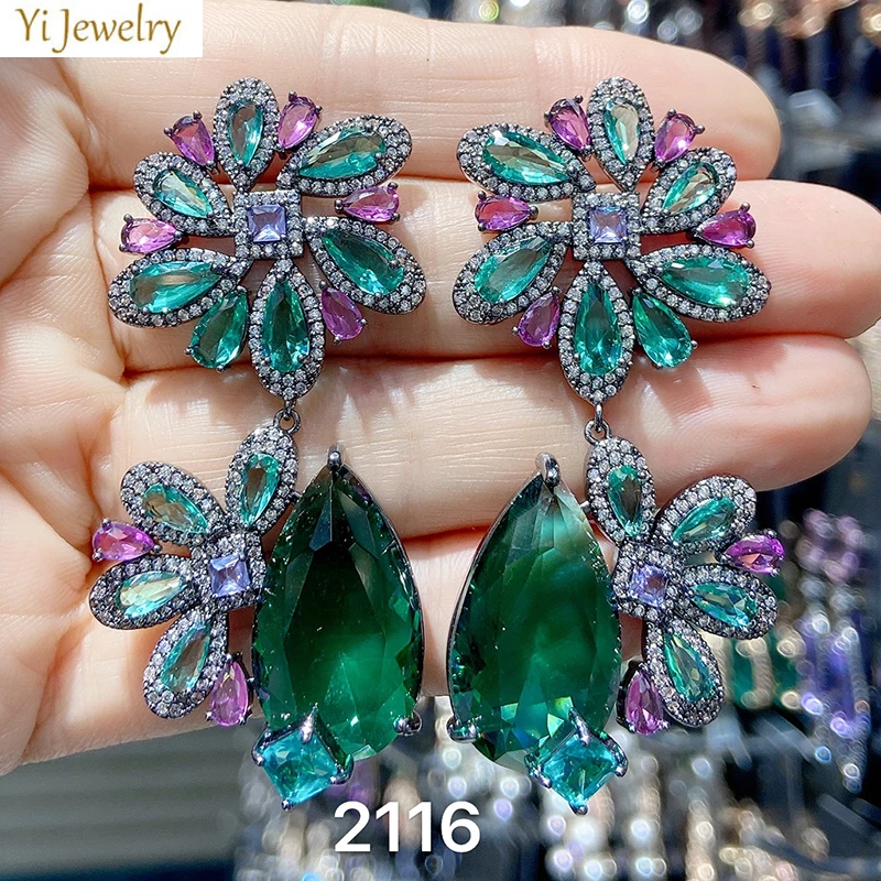 

Statement Floral Pave Cubic Zirconia Drop Earrings with Large Emerald large dangle earrings for women dinner party wedding