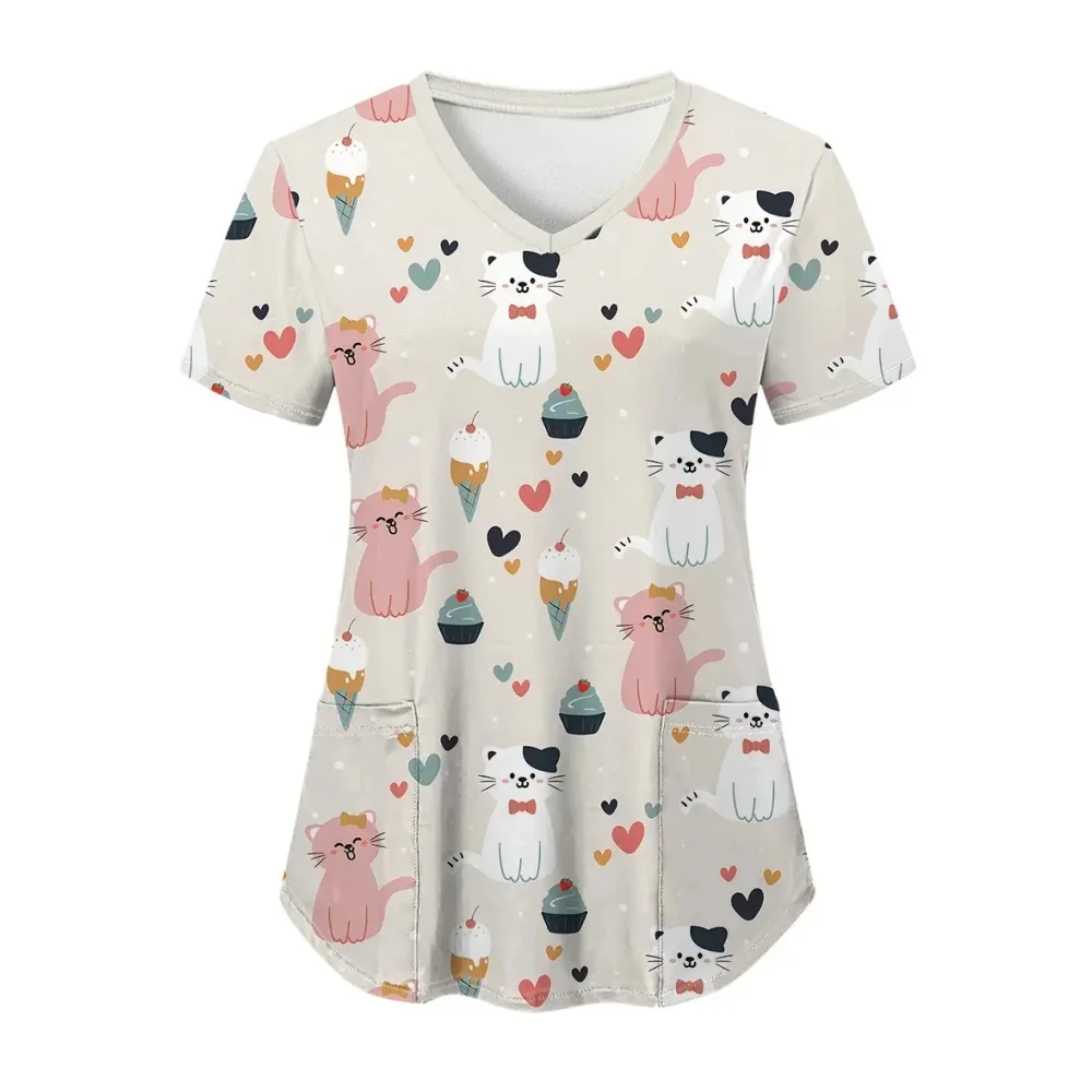 Scrubs Uniform Woman Fashion Cat Print Summer V-Neck with Pocket Clinical Uniform Tops Microelastic Vet Surgical Uniforms Woman