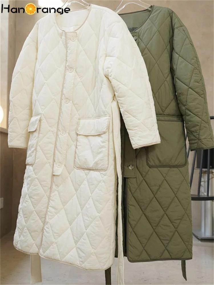 HanOrange 2024 Winter Retro O-Neck Checkered Cotton Parkas Women Loose Silhouette Warm Padded Long Coat Thick Green/beige White