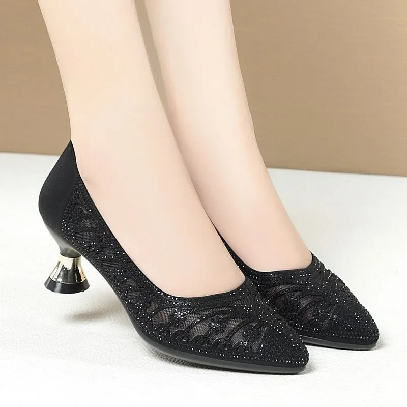 Women Fahsion Golden High Quality Sexy Party Night Club Stiletto Heel Shoes Lady Classic Hollow Out Breathable Black Pumps A151