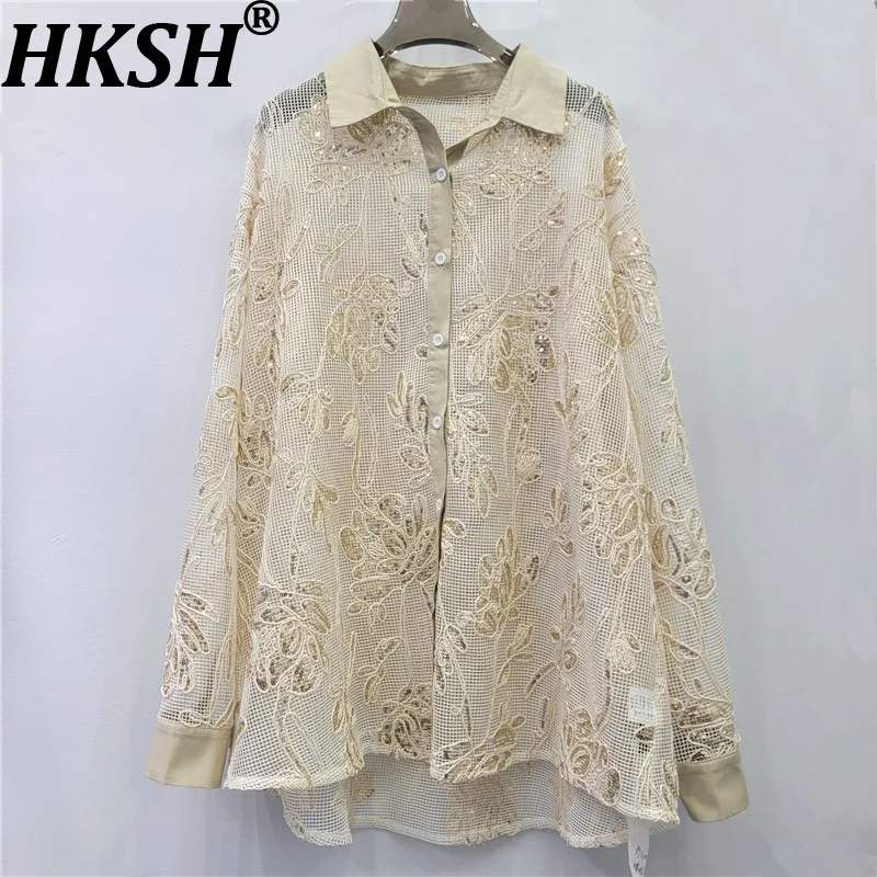 

Женская блузка HKSH с вышивкой и пайетками, сексуальная, с вырезами, на пуговицах, с длинным рукавом, шикарный топ, новинка Весна-Лето 2026 HK19398
