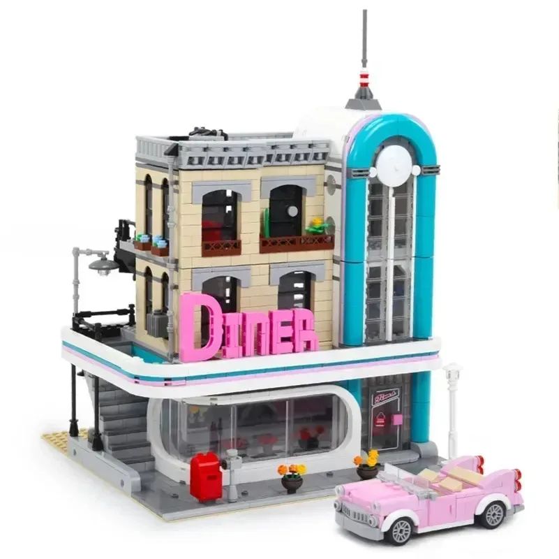 MINISO 2488Pcs Downtown Diner Building Blocks with 6 Mini Figures Compatible 10260 15037 Model Bricks for Kids Adult Toys Gifts