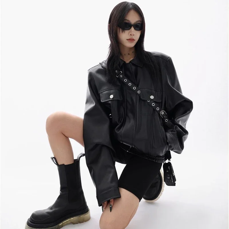 Black Vintage PU Jackets Women Streetwear Spring Autumn Bomber Overcoats Female Motorcycle Loose Zip Up Y2K Leather Outwear