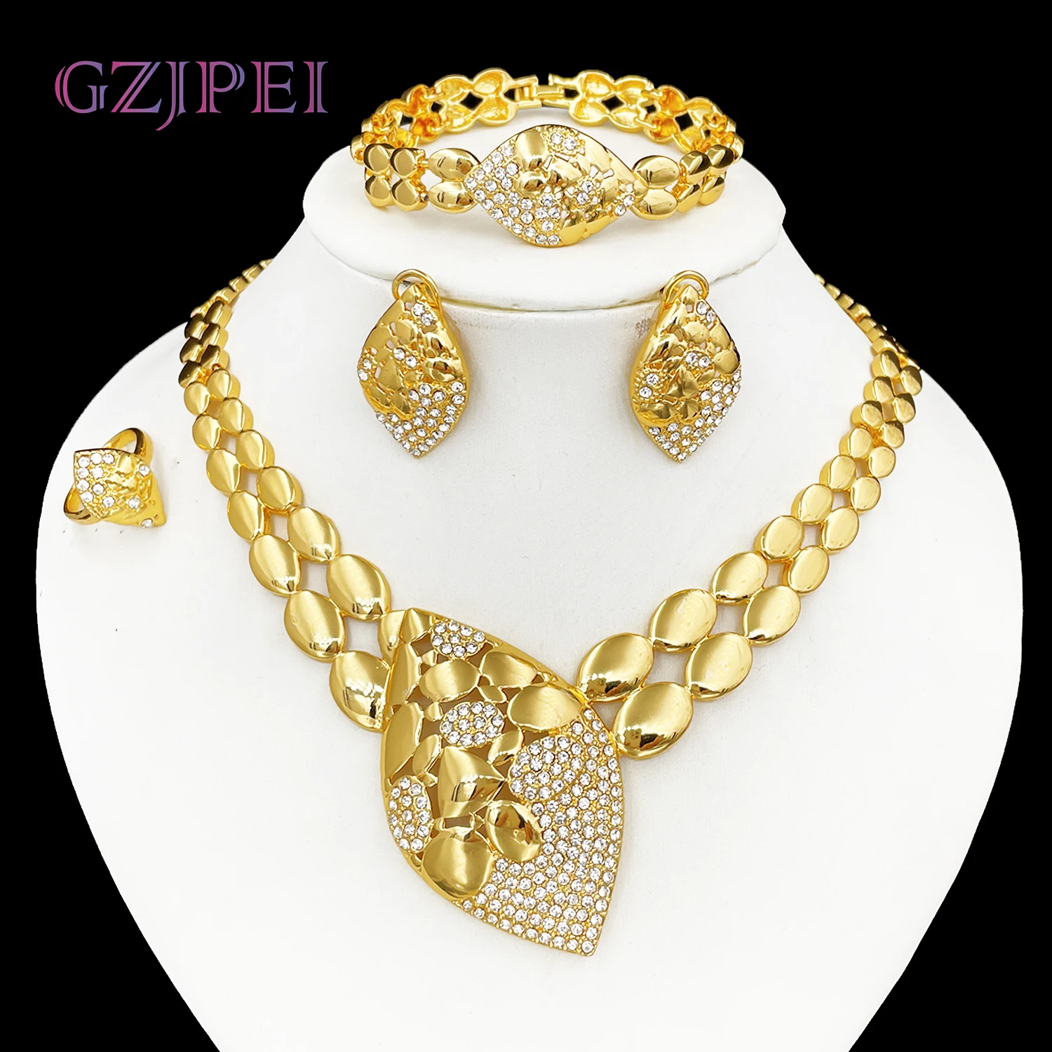 Quality Women Jewelry Sets Luxury Design Dubai Trending Gold Color Necklace Earrings Ring Bracelet Wedding Party Gift