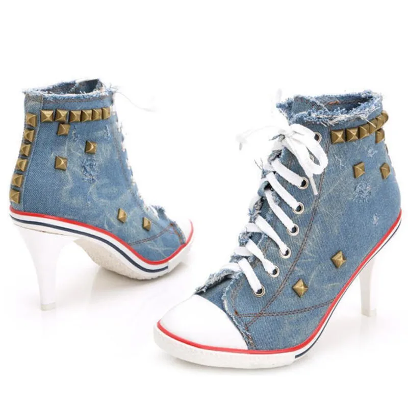 Pop Women Canvas Shoes Denim High Heels Rivets Shoes Nice Shoe Spring Sneakers Women\'s Pumps Black Blue Autumn Pop Nice