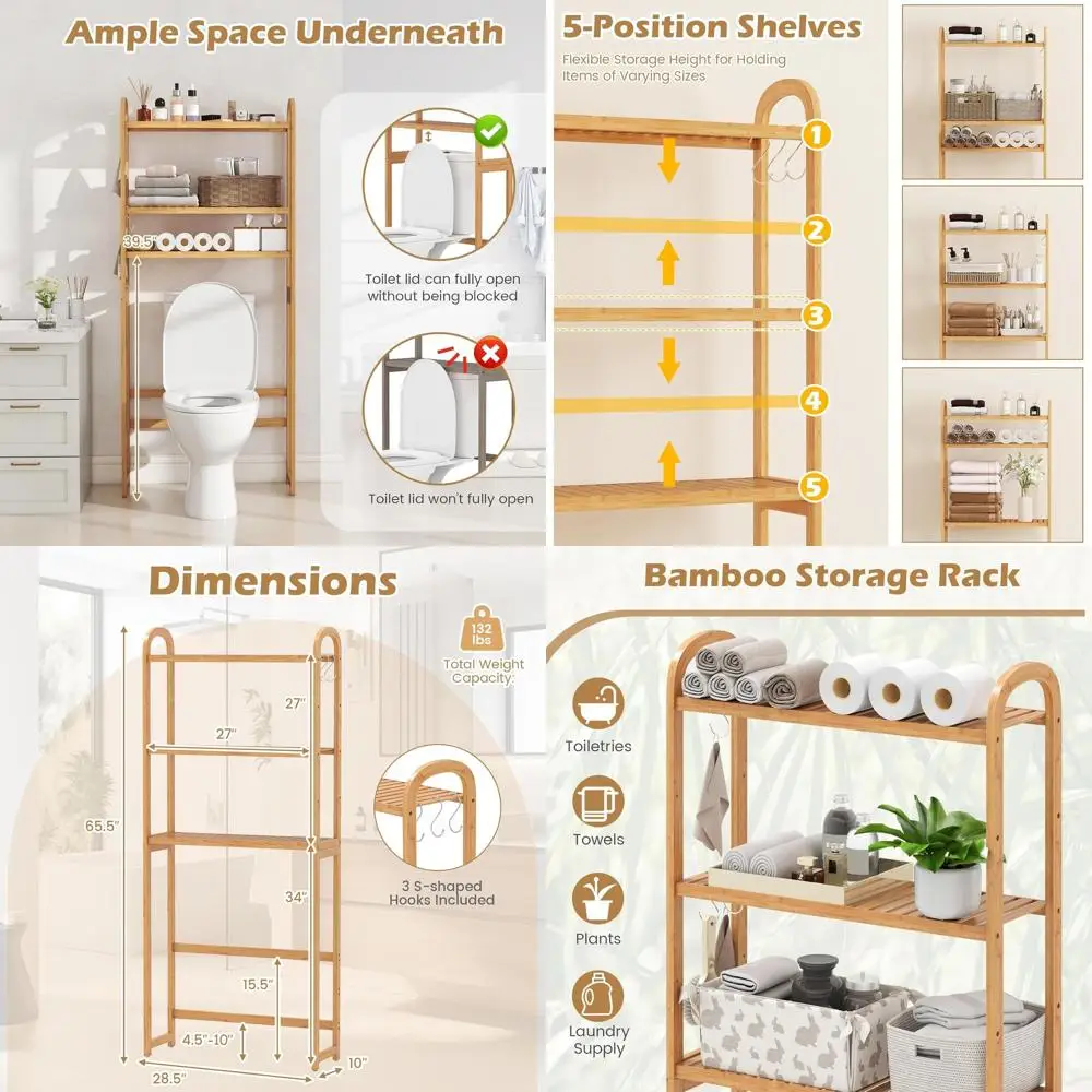 

3-Tier Adjustable Over Toilet Storage Rack with 5-Position Shelves, Hooks, and Bottom Bar, 28.5 Wide for Space-Saving Bathroom O