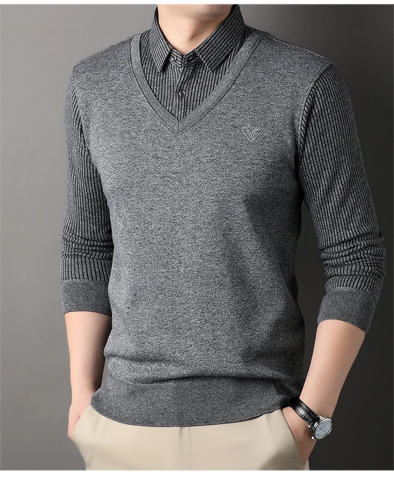 Männlich Herbst Stricken Pullover Polo Shirts Hemd Kragen Pullover Pullover herren Business Casual Mode Streifen Top Kleidung – Detail 5