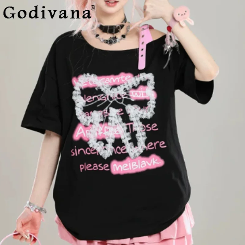 Cute Bow Sexy Off-the-shoulder Short Sleeve T-shirt Women Summer Age Reduction Sweet Cool Loose Versatile Fashion Printed Tops