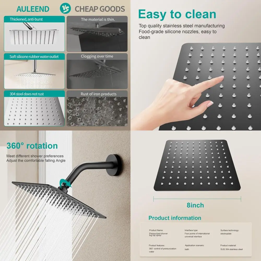 

Stainless Steel High Flow Shower Head, Square Design, Matte Black, Fits All Decor Styles