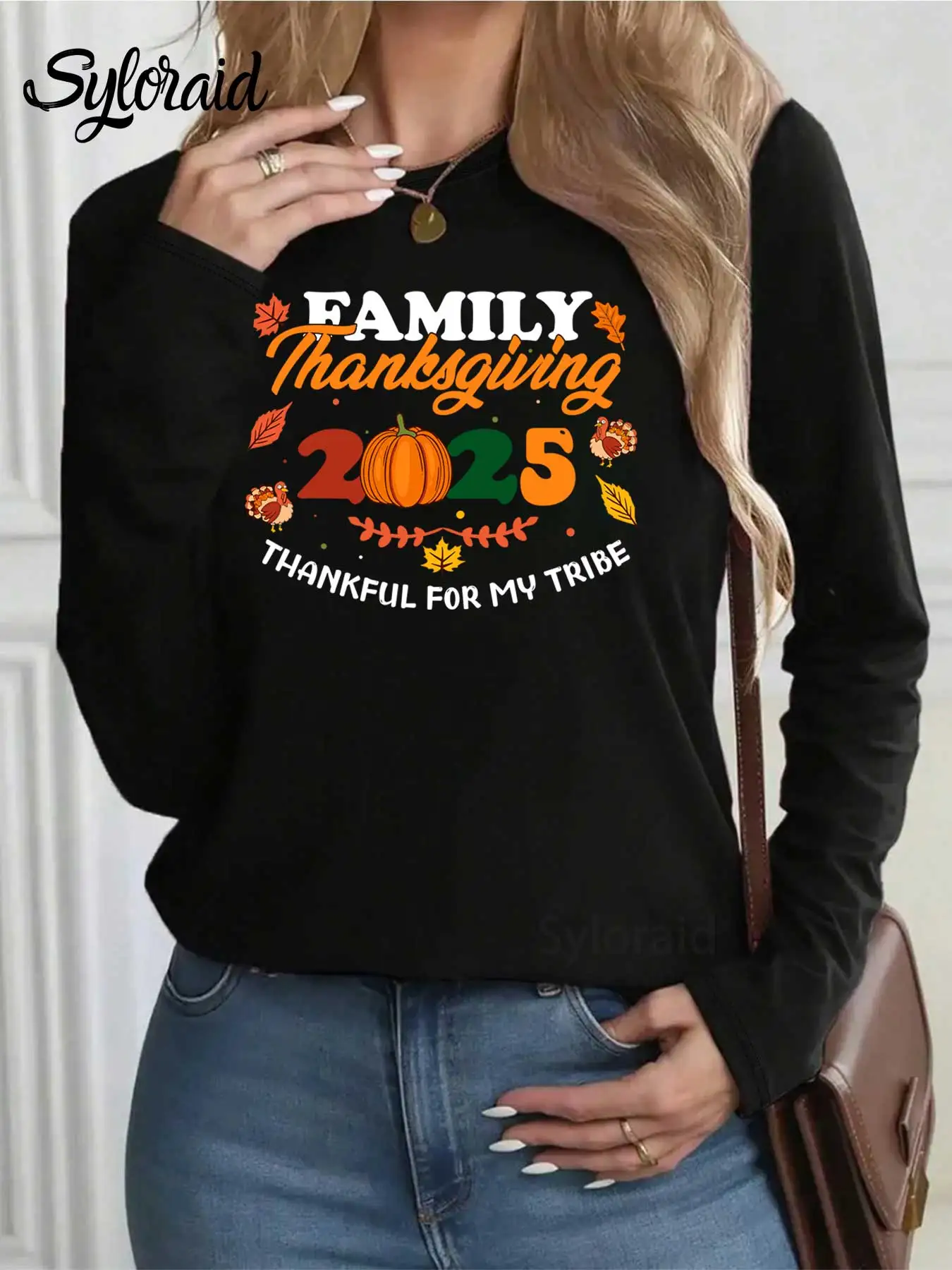 المرأة طويلة الأكمام تي شيرت الشكر الأسرة طاقم 2025 تي شيرت الخريف شمل الأسرة قميص موضة الجولة الرقبة رداء علوي غير رسمي #2