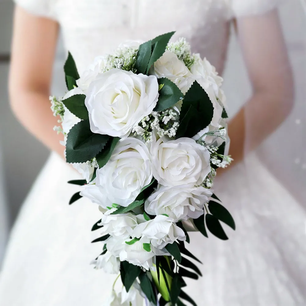 Buquês De Casamento Branco para Damas De Noiva, Flores Artificiais, Folhas Verdes, Flores Do Segmento De Casamento