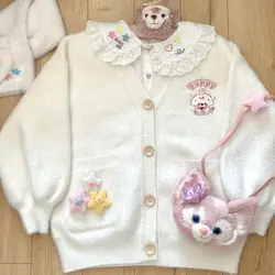 Japanese-style knitted cardigan bear embroidered V-neck loose sweater women's autumn and winter new college fashion top.