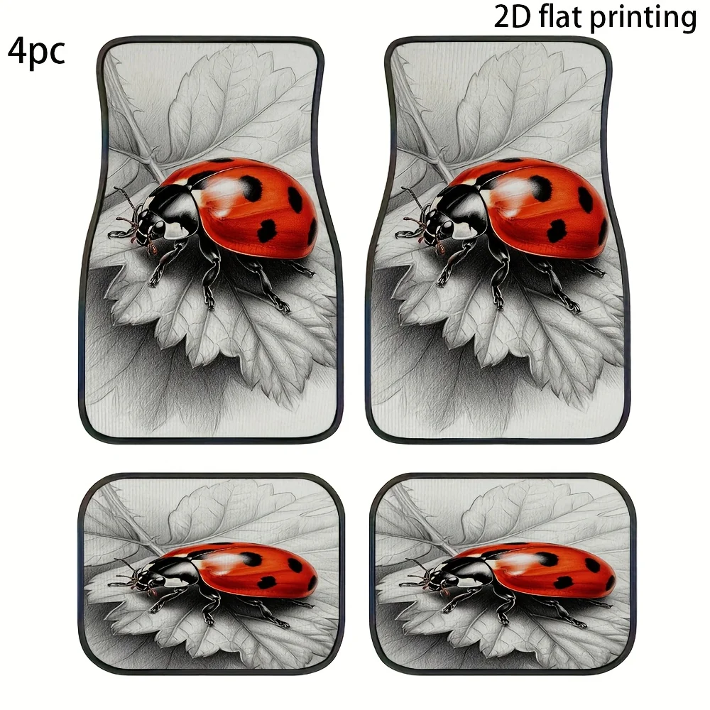 4pcs Car Floor Mats, Red Ladybug Black And White Leaf Pattern Design, Universal Fit For All Seasons Material Interior Accessorie