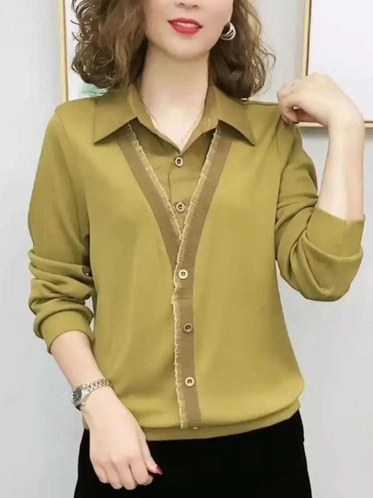 Faionable Casual Long Sve irt Women's Spring Autumn New Sle Splicing Design Mom Clothes Ele Sle  Collar Ca...