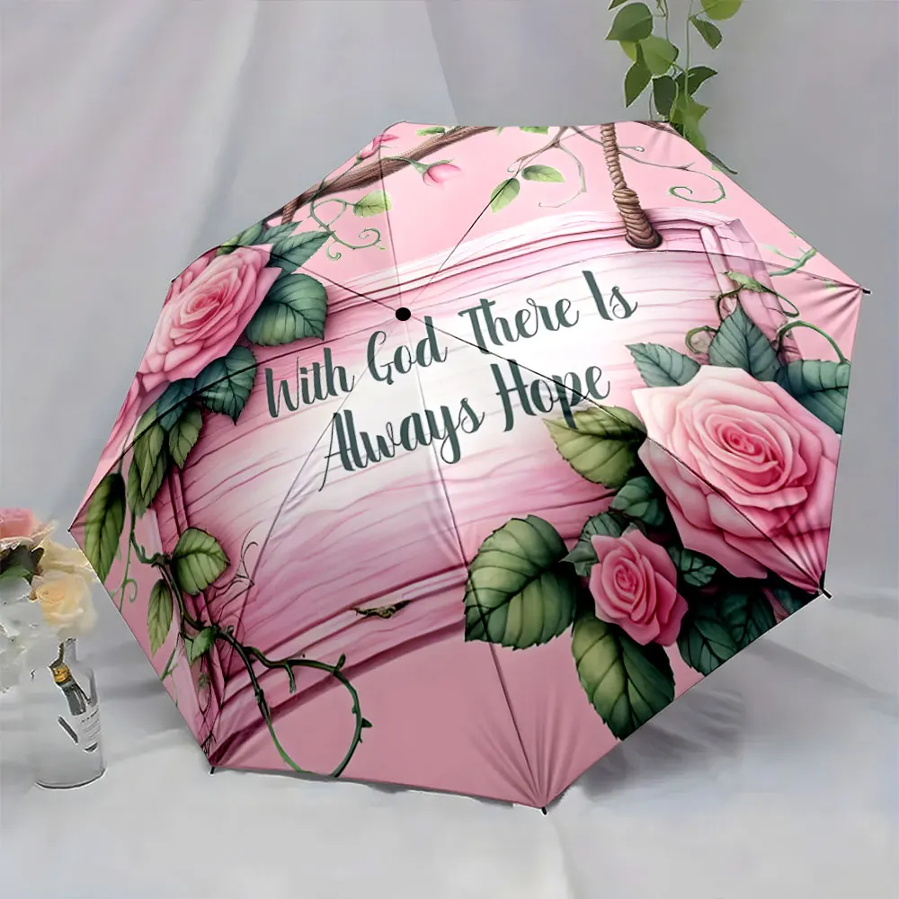 1PC Elegant Floral Umbrella with Inspirational Message Print 8 Iron Ribs Folding Umbrella Auto-Open Fashion Sunshade