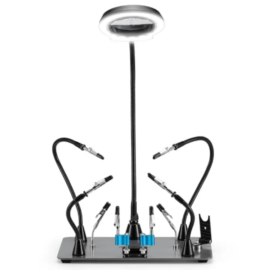 

Soldering Station 6 Flexible Helping Hands 5X Magnifying Lamp with 5 Color 10 Brightness Level Magnetic Soldering Iron Stand an
