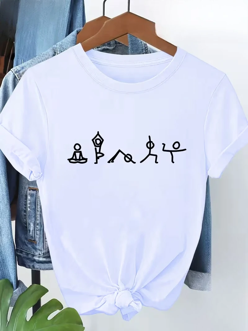 Women'sT-shirt, Fashionable and Simple Yoga Action Design Print, Casual Summer Top, Daily Indoor Outdoor Wear Letter Pattern