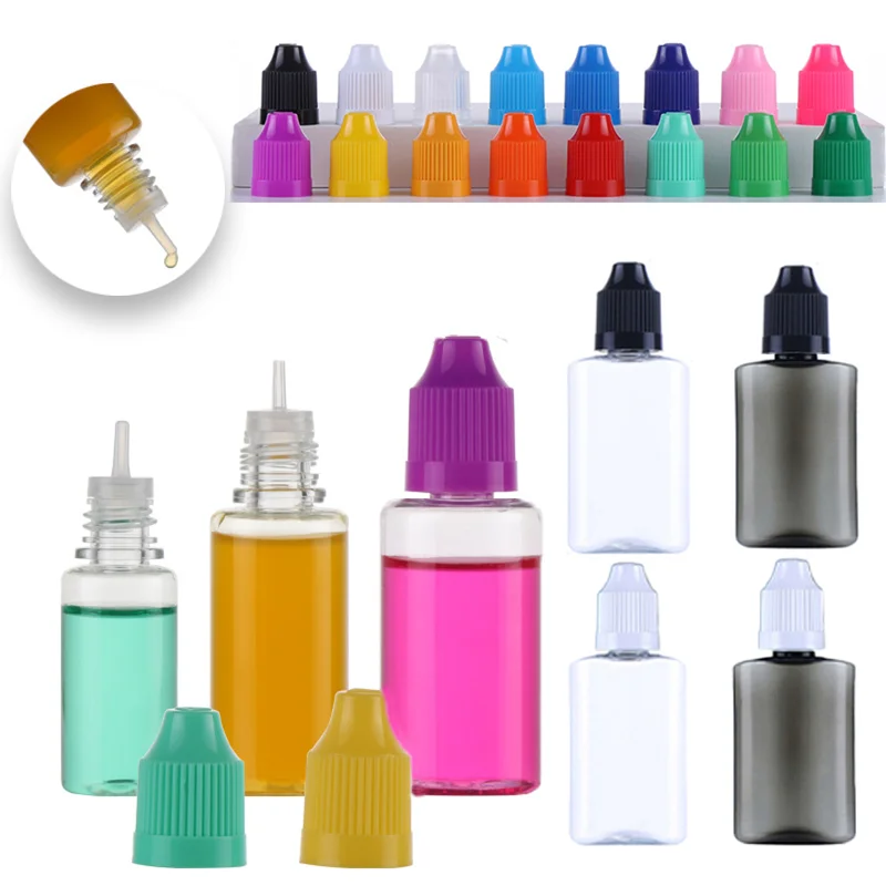 10pcs 30ml Clear/Black PET Plastic Square Flat Dropper Bottles Long Tip Cap Empty Liquid Dropper Squeezable Refillable Bottles