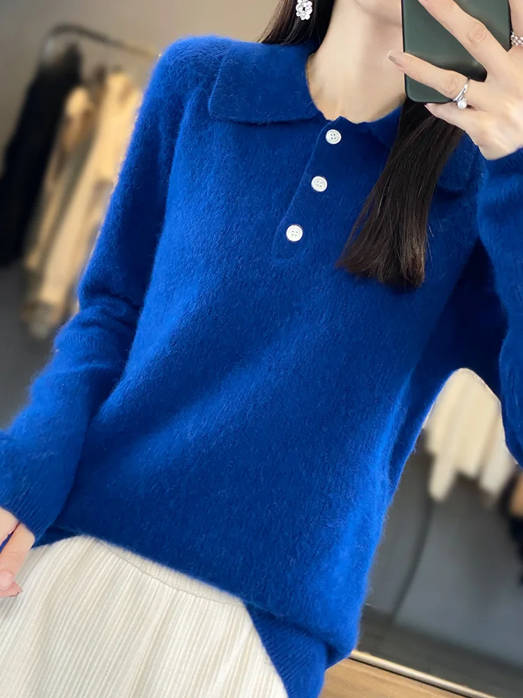 Autumn Winter Women 100% Mink Cashmere Sweater POLO Collar Pullover Basic Casual Top Solid Colour Cashmere Lady Office Clothing