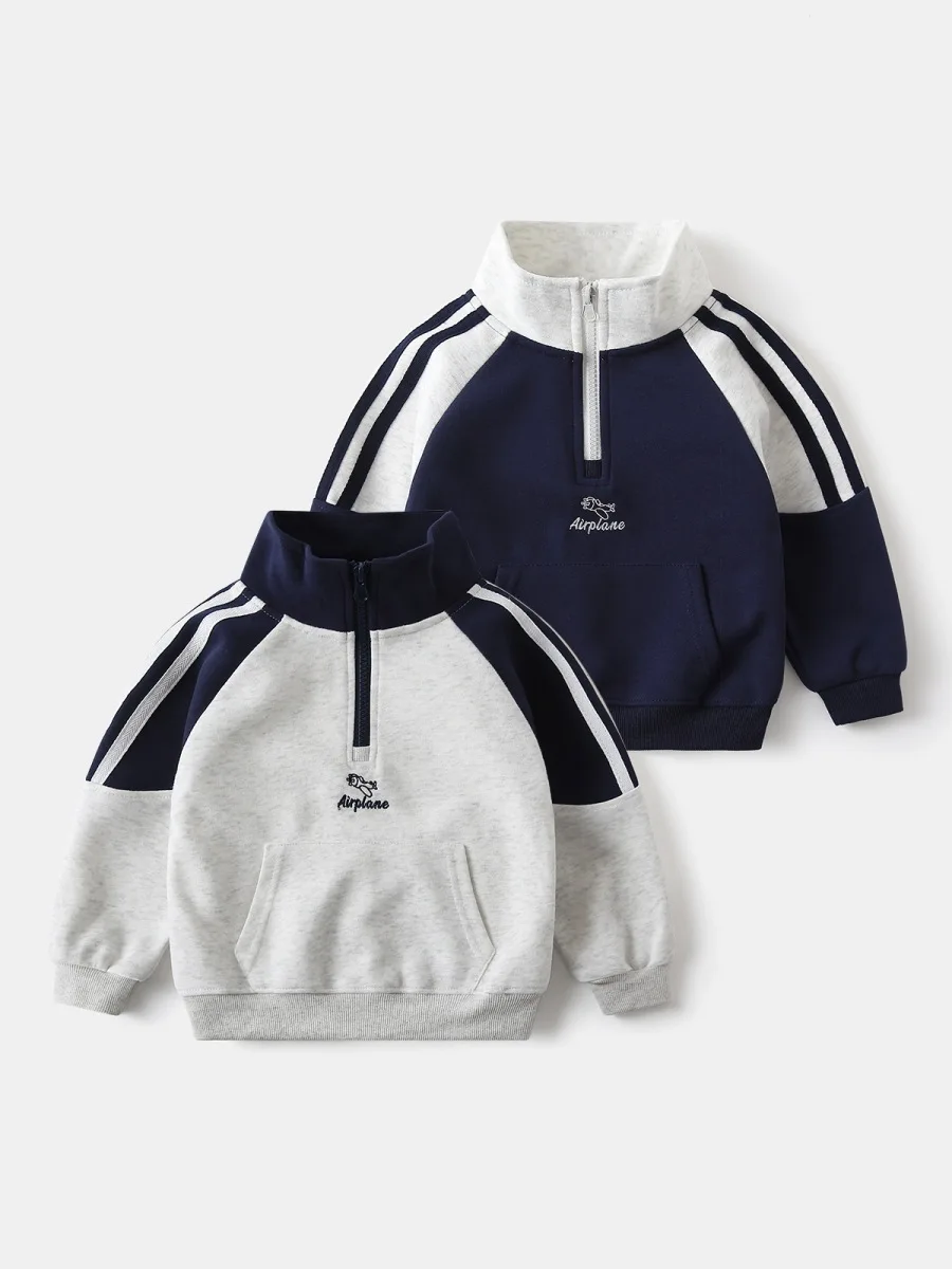 Sporty Children's Half Zip Sweatshirt Autumn Color Block Long Sleeve Pullover With Airplane Embroidery Casual Boys Outerwear