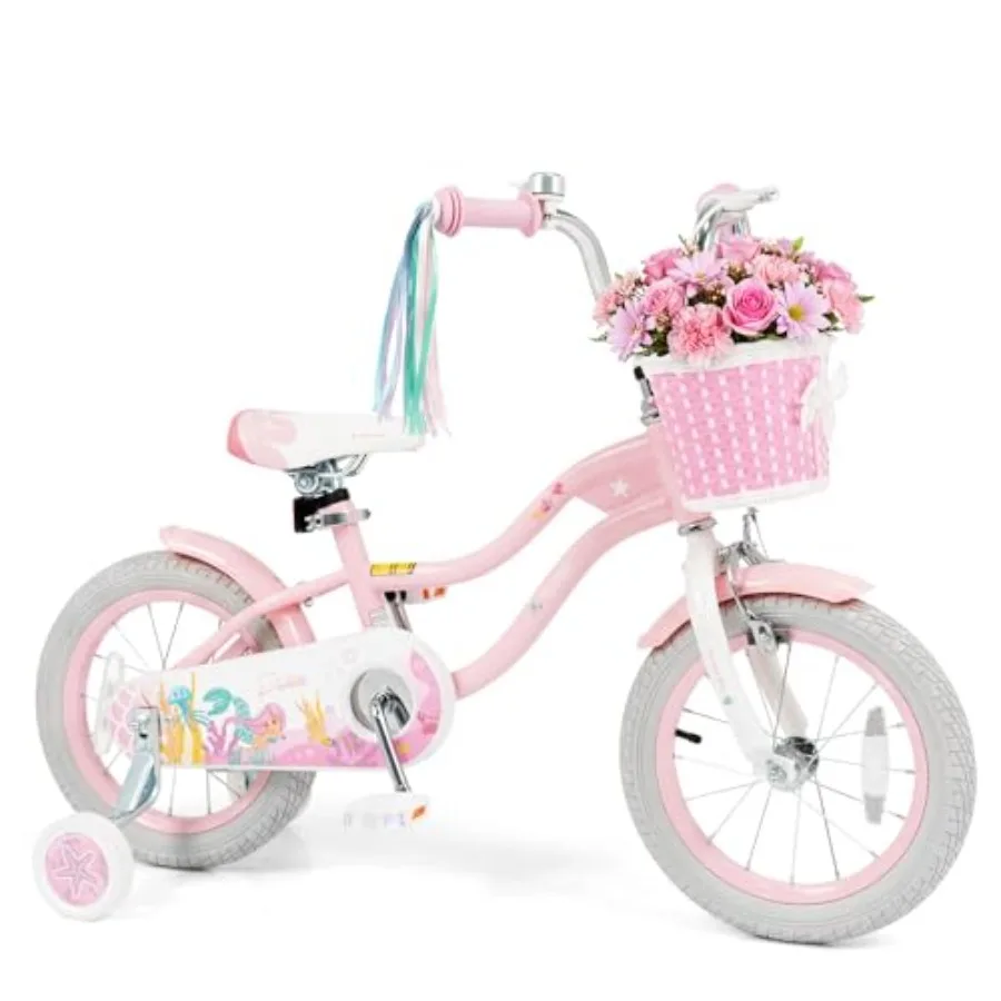 

Mermaid Theme Girls 12-20 Inch Bike with Training Wheels Basket Adjustable Seat Handlebar Dual Brake Lightweight Aluminum Frame