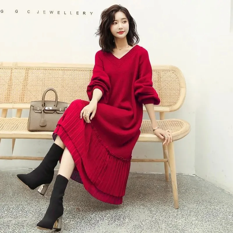 

Robe Blue Woman Dress Loose Red Knitted V Neck Pleated Dresses for Women Crochet Evening Maxi Long Clothes Outfits Korean Style